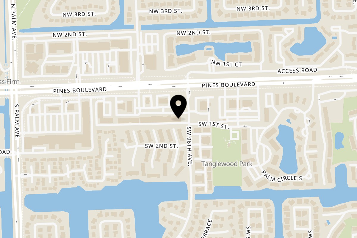 Map showing the location of The Jerk Stop on 9614 Pines Blvd in Pembroke Pines